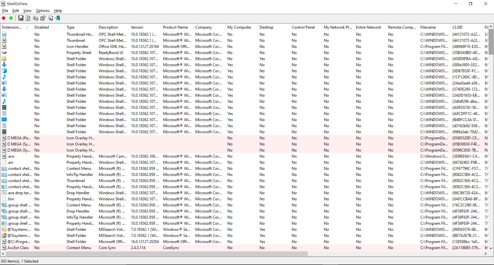 ShellExView main interface showing shell extension list