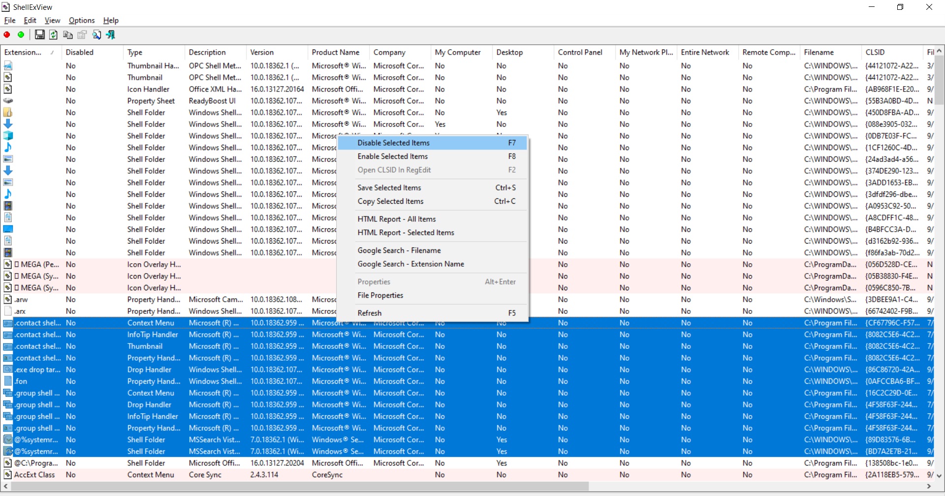 ShellExView right-click context menu with multi-select